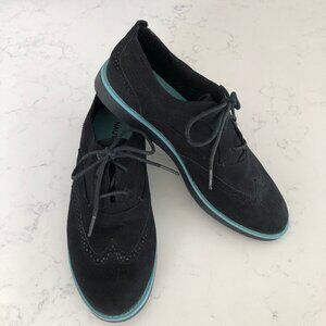 Nautica Casual Lace Up Faux Suede Oxford Style Shoes Black w Blue Trim Sz 10